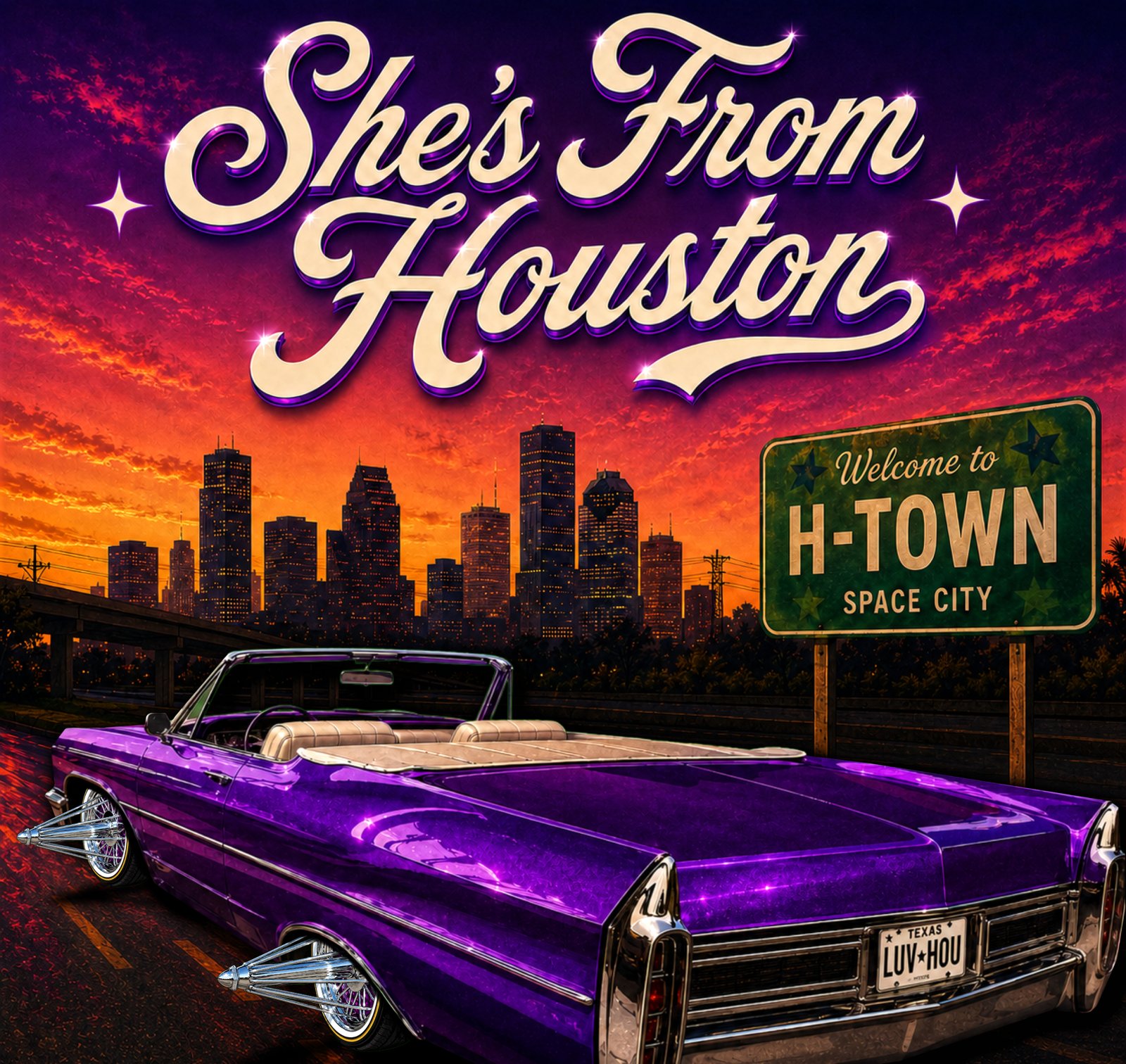 She's From Houston single cover — candy purple slab at sunset